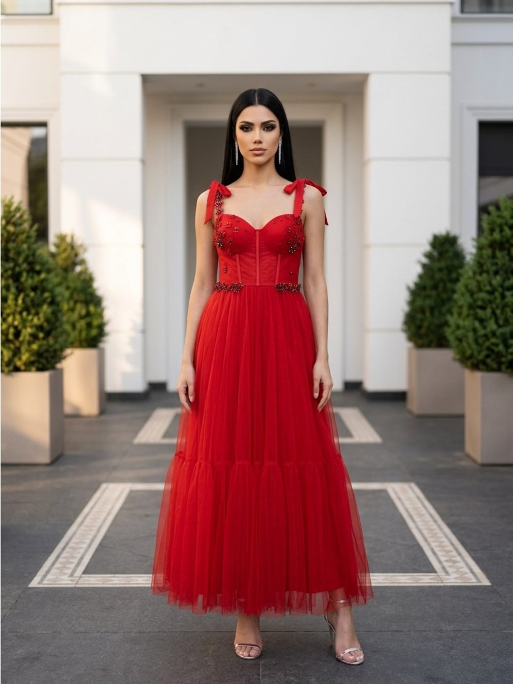 Red Tulle Long  Dress with Embellished Bodice
